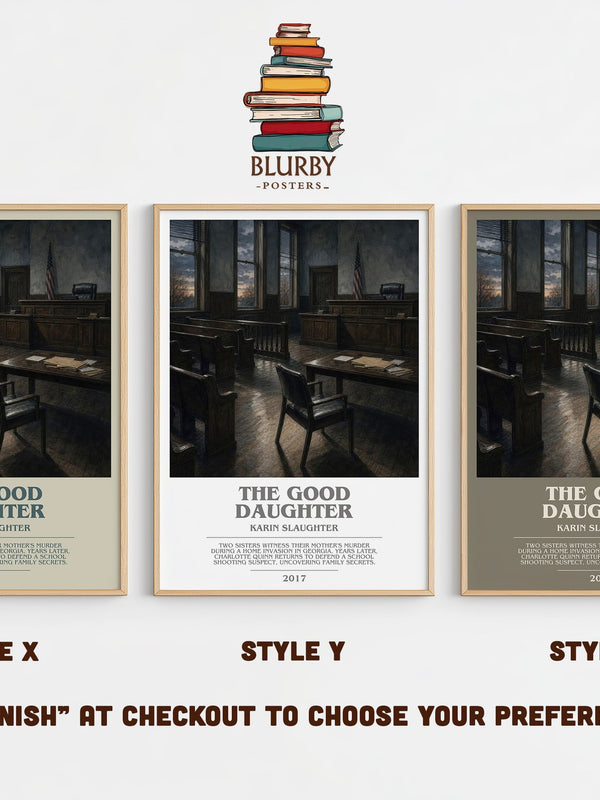 The Good Daughter bookish print in frame leaning in hallway – legal thriller wall art