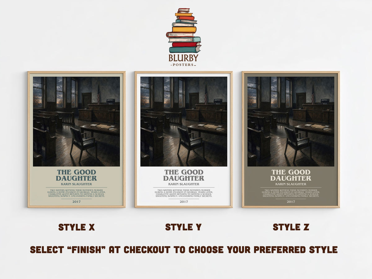 The Good Daughter bookish print in frame leaning in hallway – legal thriller wall art (mockup)