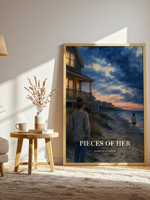 Pieces of Her watercolour print in frame leaning in hallway – thriller wall art
