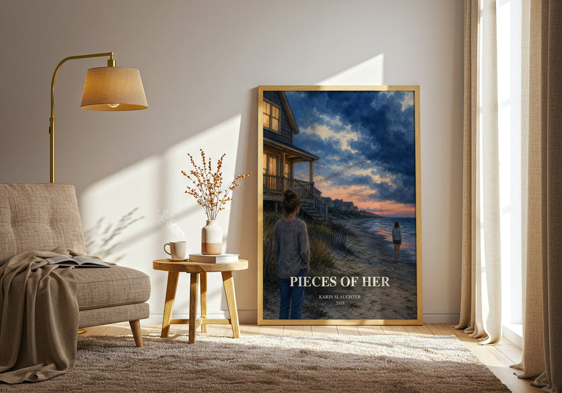 Pieces of Her watercolour print in frame leaning in hallway – thriller wall art (mockup)