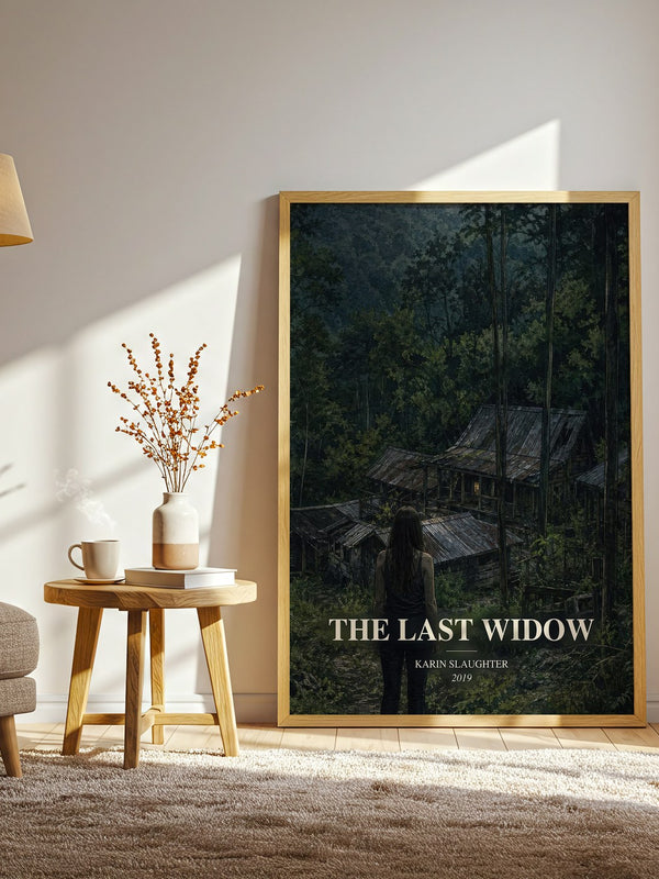 The Last Widow watercolour print in frame leaning in hallway – thriller wall art