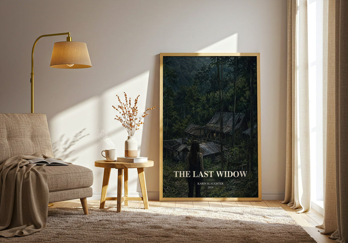 The Last Widow watercolour print in frame leaning in hallway – thriller wall art (mockup)