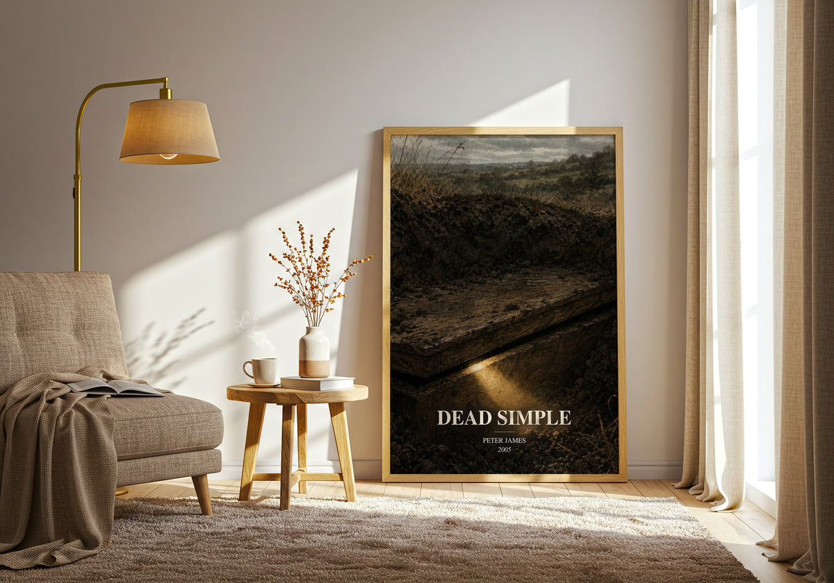 Dead Simple watercolour print in frame leaning in hallway – crime wall art (mockup)