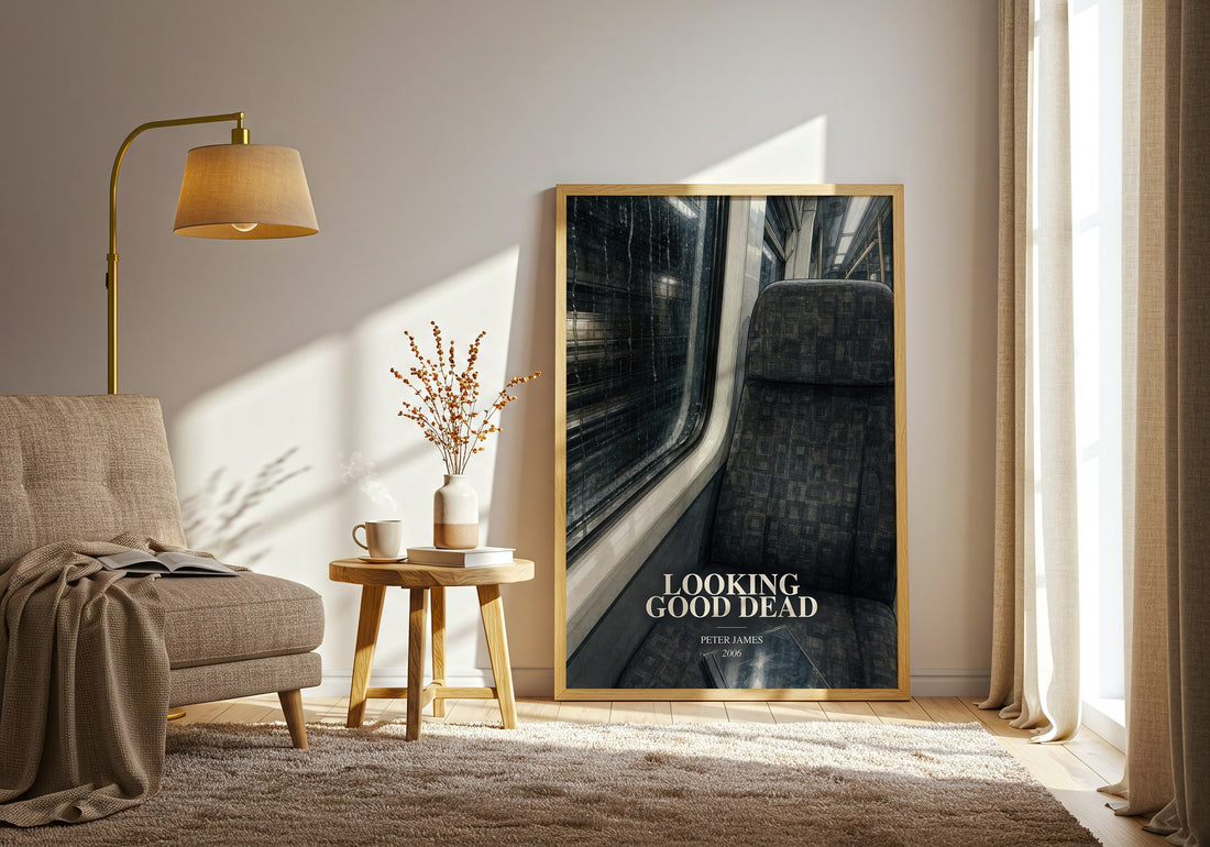 Looking Good Dead watercolour print in frame leaning in hallway – crime wall art