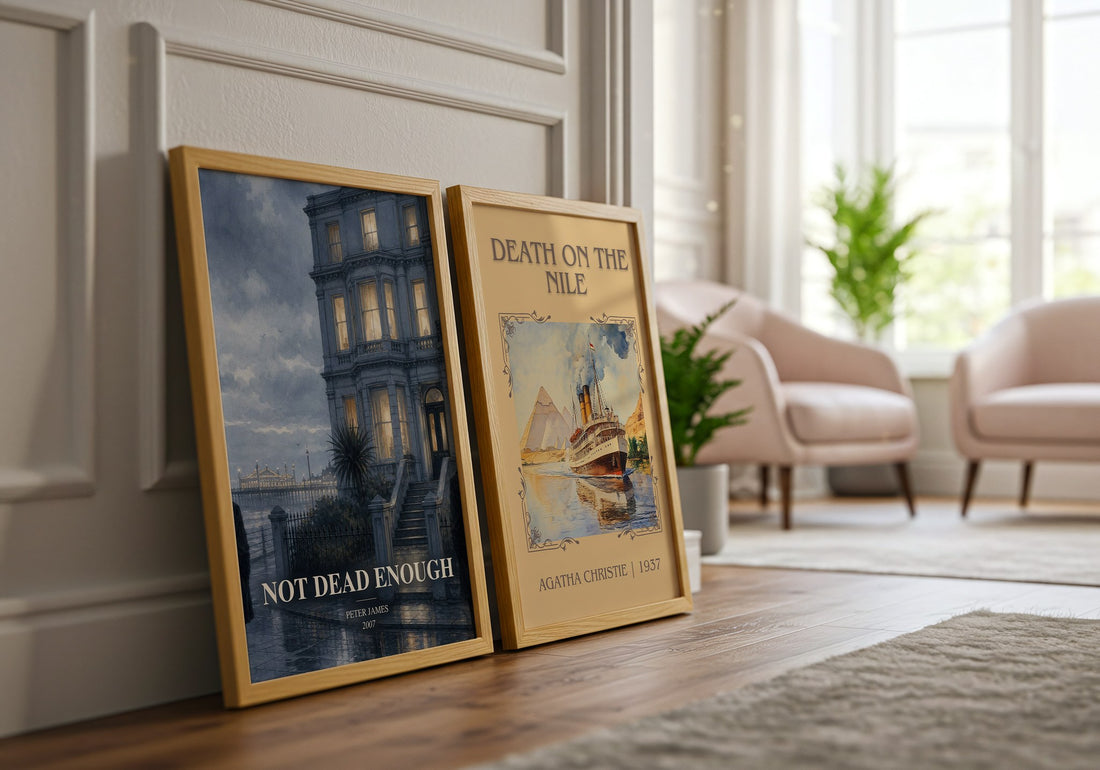 Not Dead Enough watercolour print framed by window – literary home decor