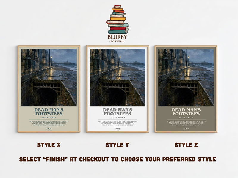 Dead Man's Footsteps bookish print in frame leaning in hallway – crime wall art