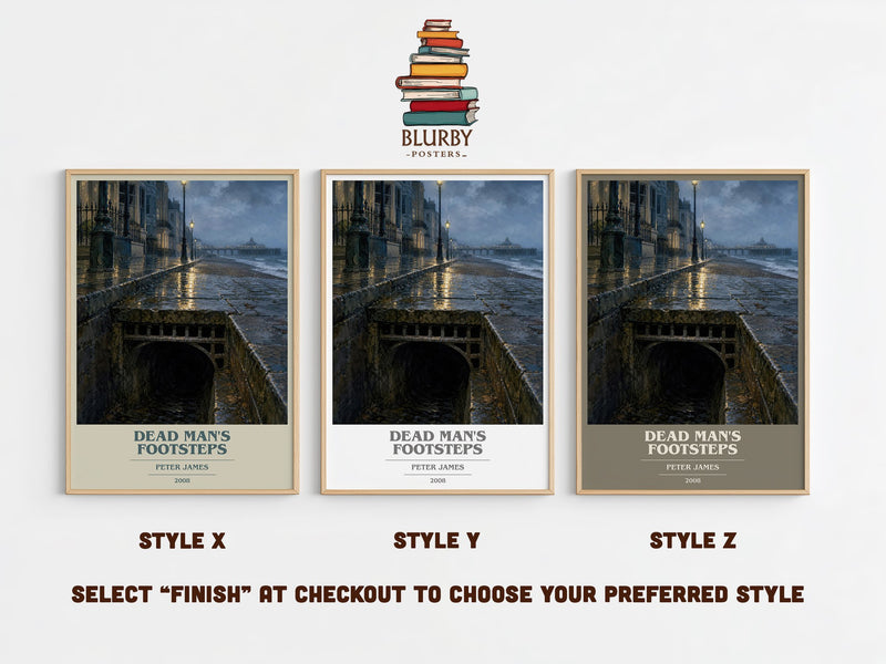 Dead Man's Footsteps book cover print in frame leaning in hallway – crime wall art