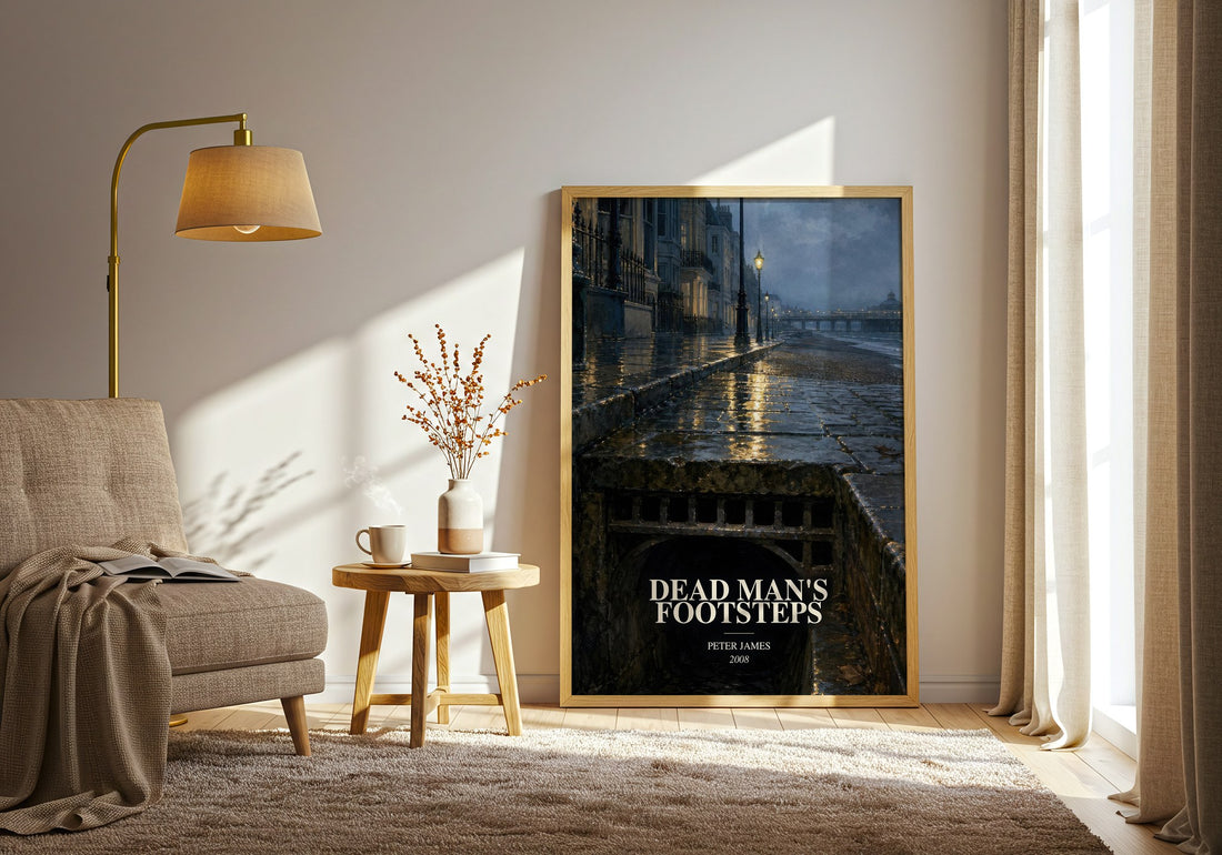 Dead Man's Footsteps watercolour print in frame leaning in hallway – crime wall art (mockup)