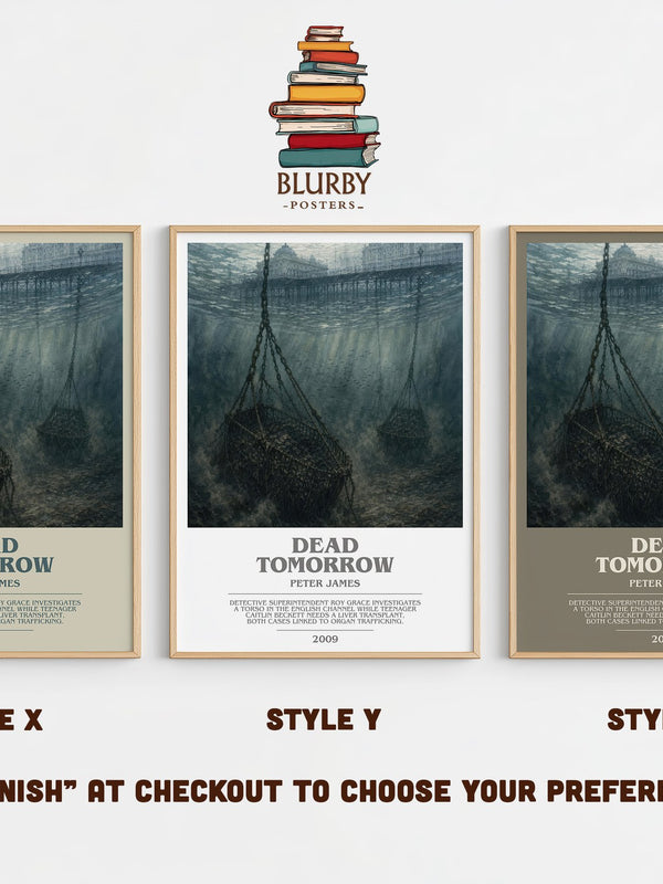 Dead Tomorrow bookish print in frame leaning in hallway – crime wall art