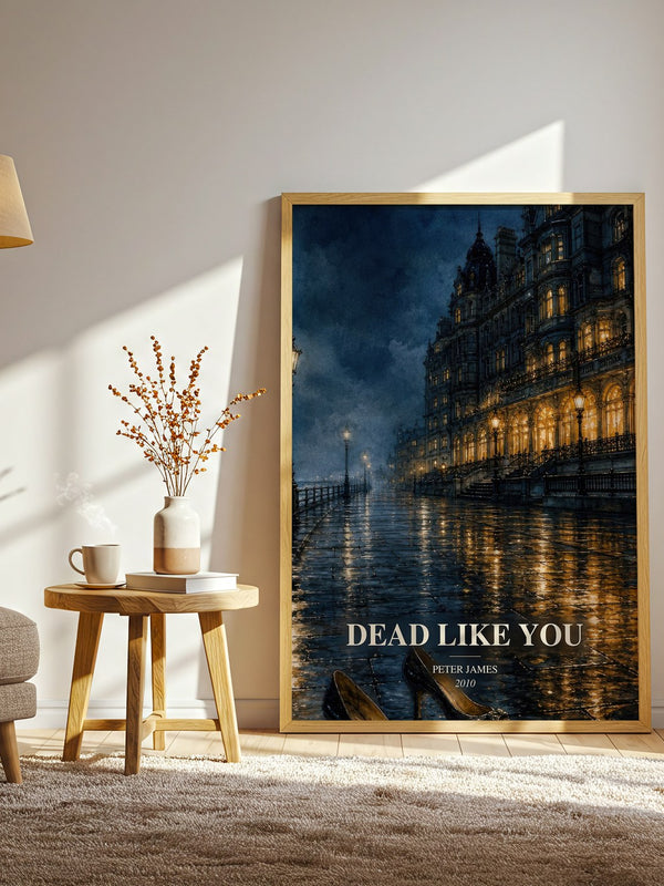 Dead Like You watercolour print in frame leaning in hallway – crime wall art