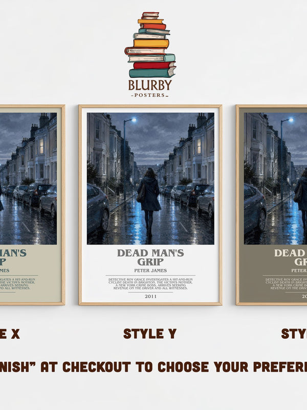 Dead Man's Grip bookish print in frame leaning in hallway – crime wall art