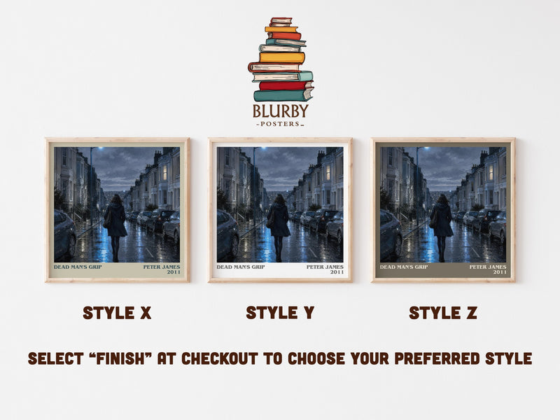 Dead Man's Grip literary print in frame leaning in hallway – crime wall art