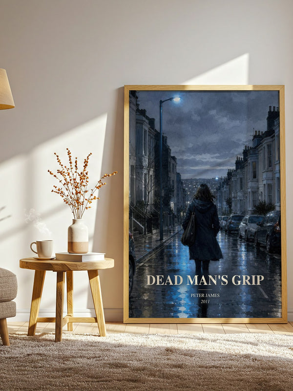 Dead Man's Grip watercolour print in frame leaning in hallway – crime wall art