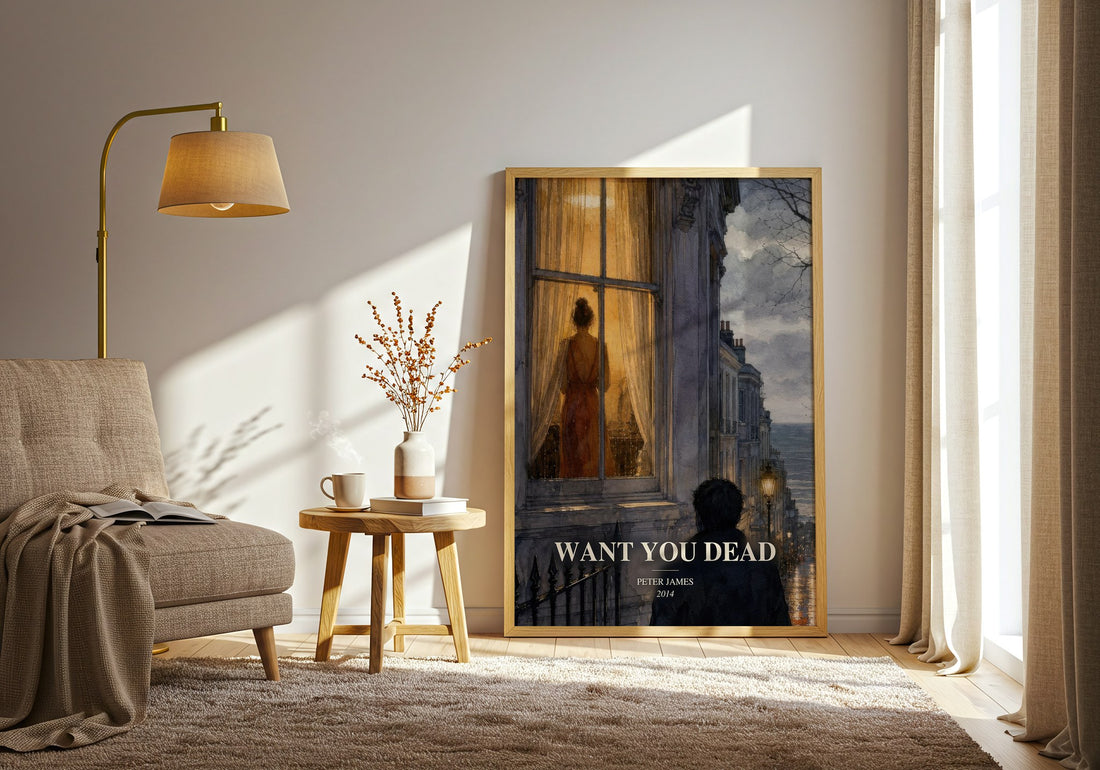 Want You Dead watercolour print in frame leaning in hallway – crime wall art (mockup)
