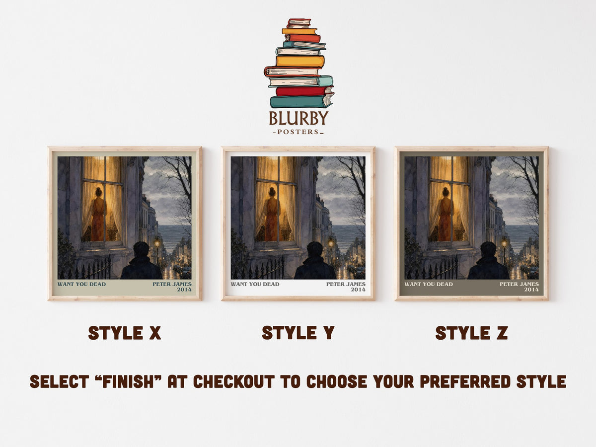 Want You Dead literary print in frame leaning in hallway – crime wall art (mockup)