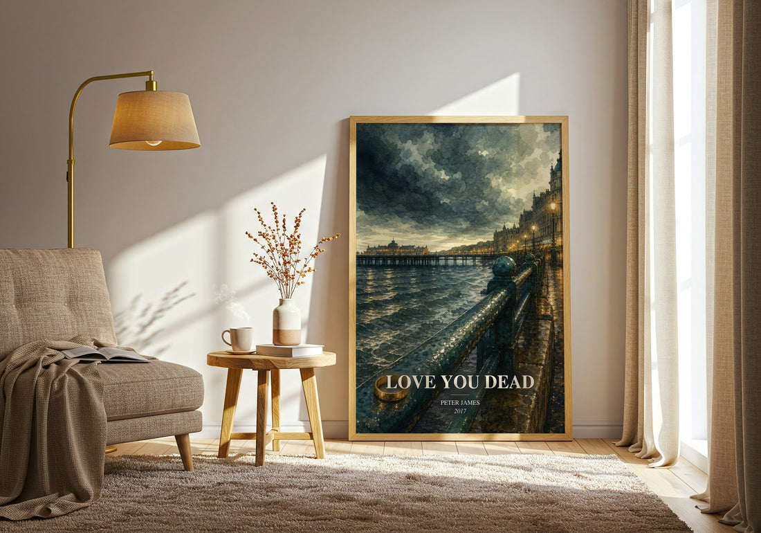 Love You Dead watercolour print in frame leaning in hallway – crime wall art (mockup)