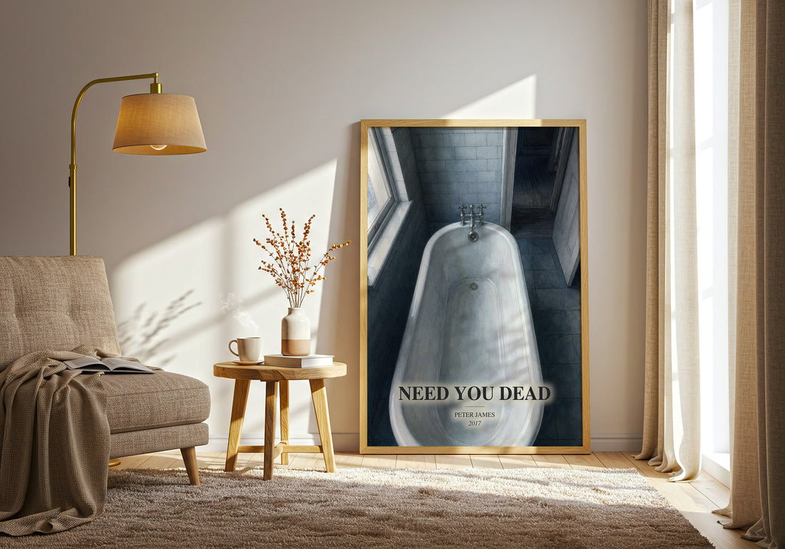 Need You Dead watercolour print in frame leaning in hallway – crime wall art (mockup)
