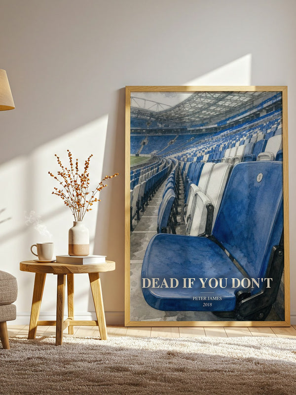 Dead If You Don't watercolour print in frame leaning in hallway – crime wall art