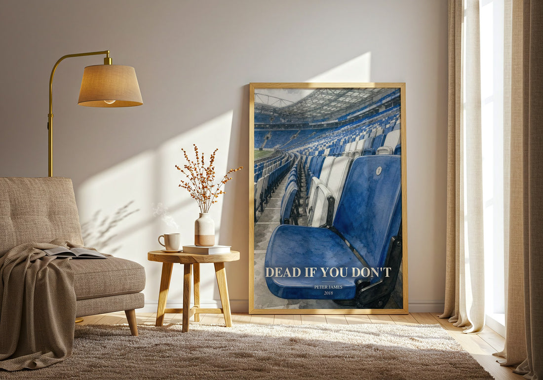 Dead If You Don't watercolour print in frame leaning in hallway – crime wall art (mockup)