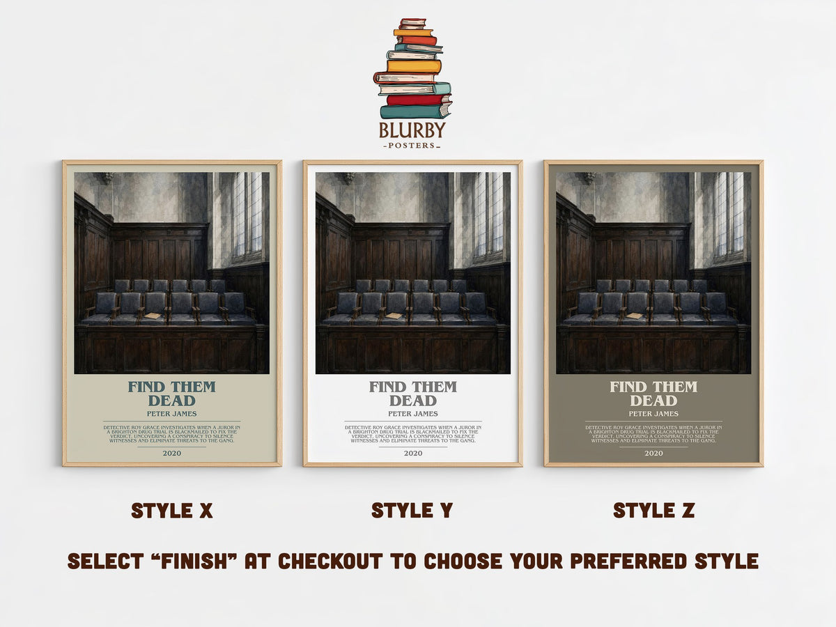 Find Them Dead bookish print in frame leaning in hallway – legal thriller wall art (mockup)
