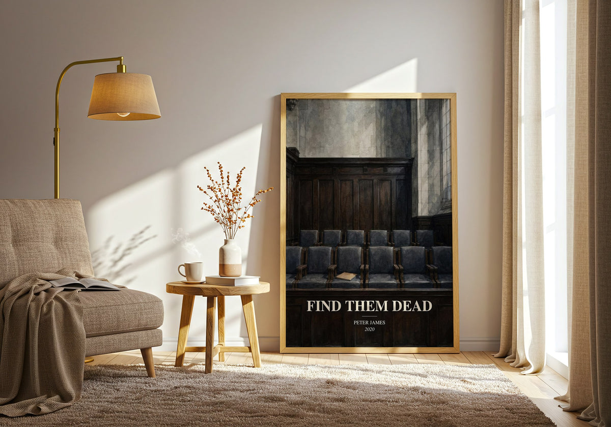 Find Them Dead watercolour print in frame leaning in hallway – legal thriller wall art (mockup)