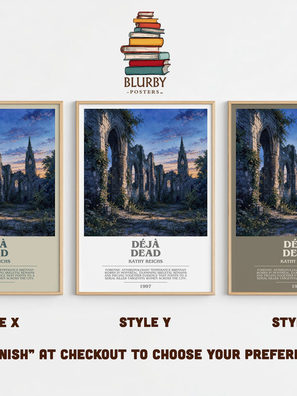 Déjà Dead bookish print in frame leaning in hallway – crime wall art