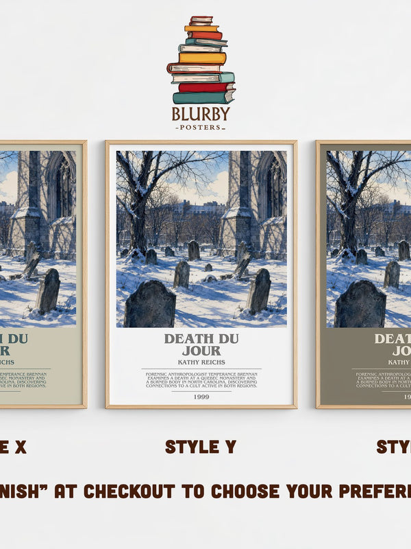 Death du Jour bookish print in frame leaning in hallway – crime wall art