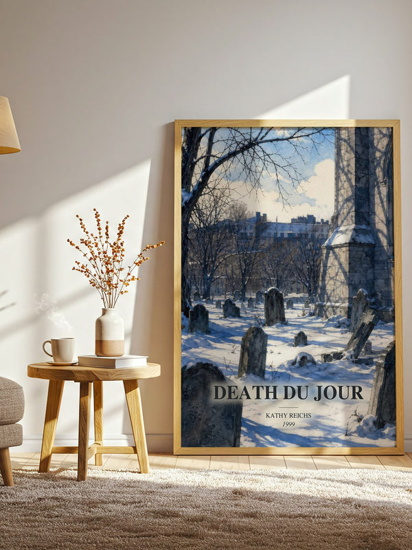 Death du Jour watercolour print in frame leaning in hallway – crime wall art