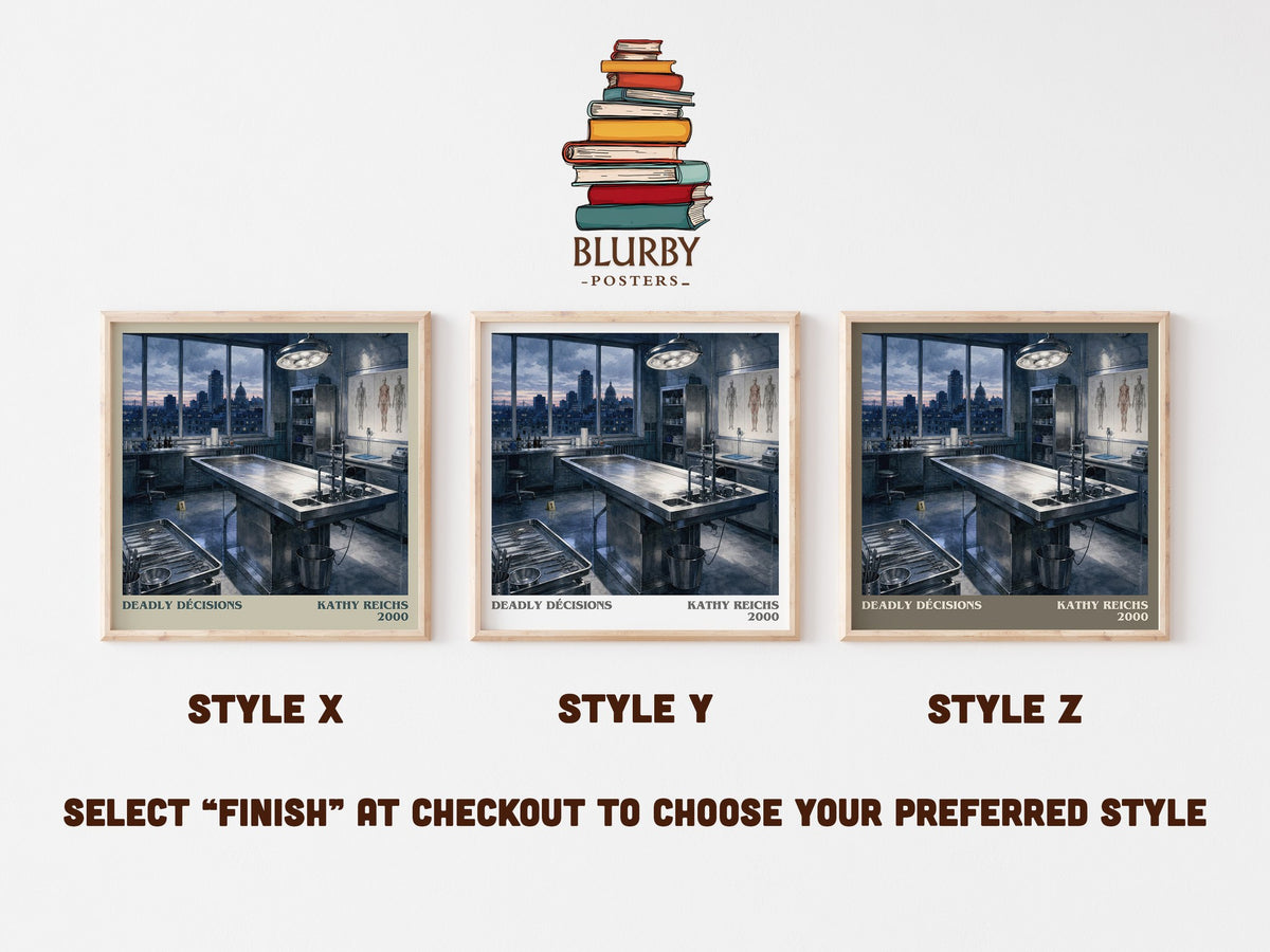 Deadly Décisions literary print in frame leaning in hallway – crime wall art (mockup)