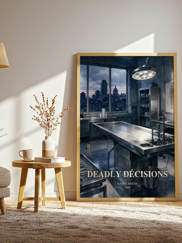 Deadly Décisions watercolour print in frame leaning in hallway – crime wall art