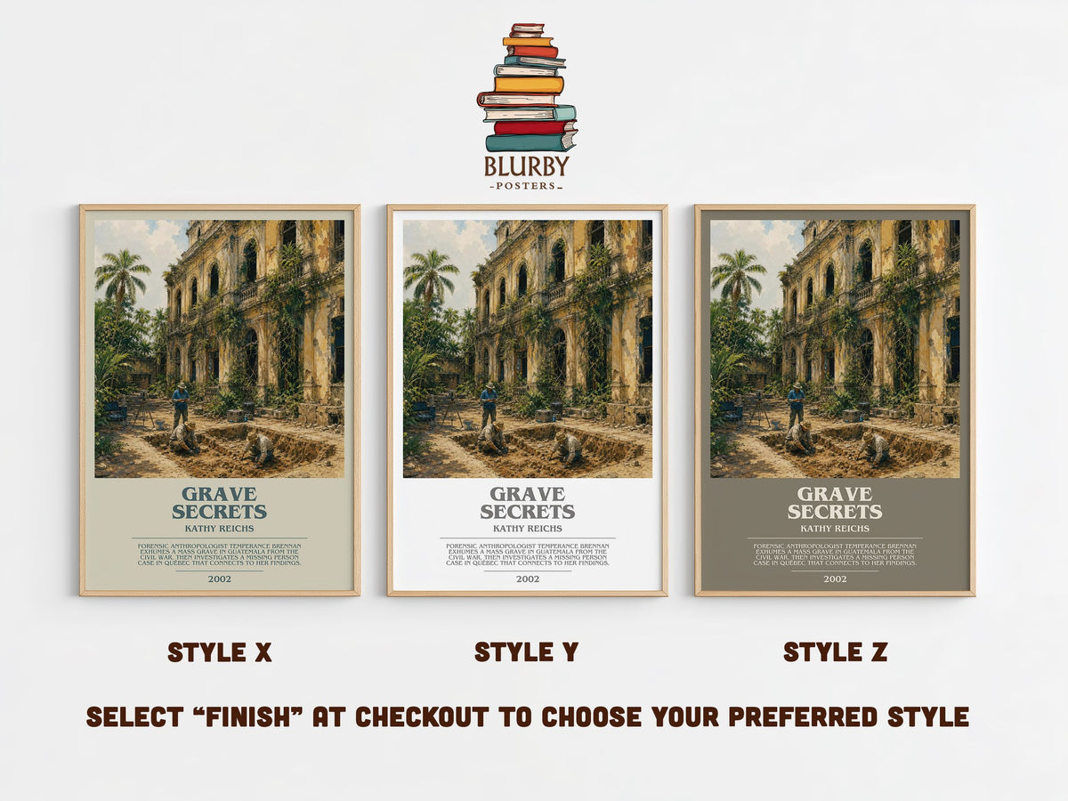 Grave Secrets bookish print in frame leaning in hallway – crime wall art (mockup)