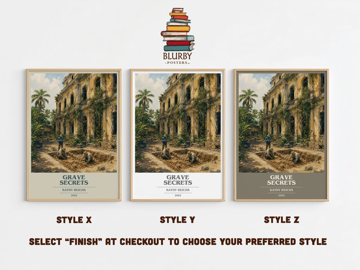 Grave Secrets book cover print in frame leaning in hallway – crime wall art (mockup)