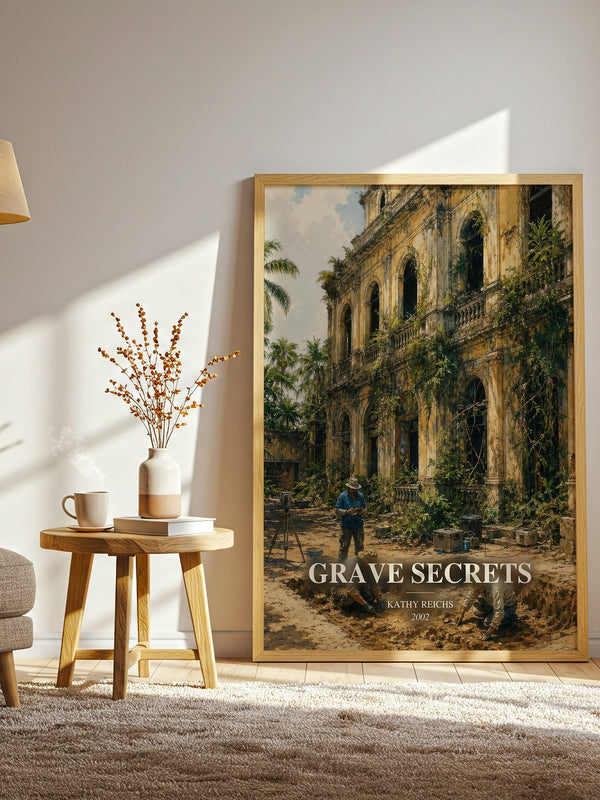 Grave Secrets watercolour print in frame leaning in hallway – crime wall art