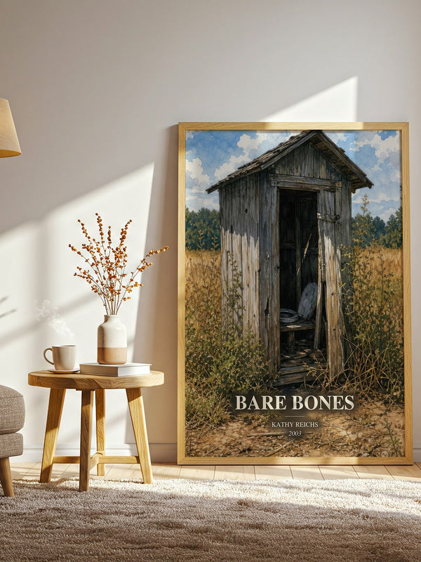 Bare Bones watercolour print in frame leaning in hallway – crime wall art