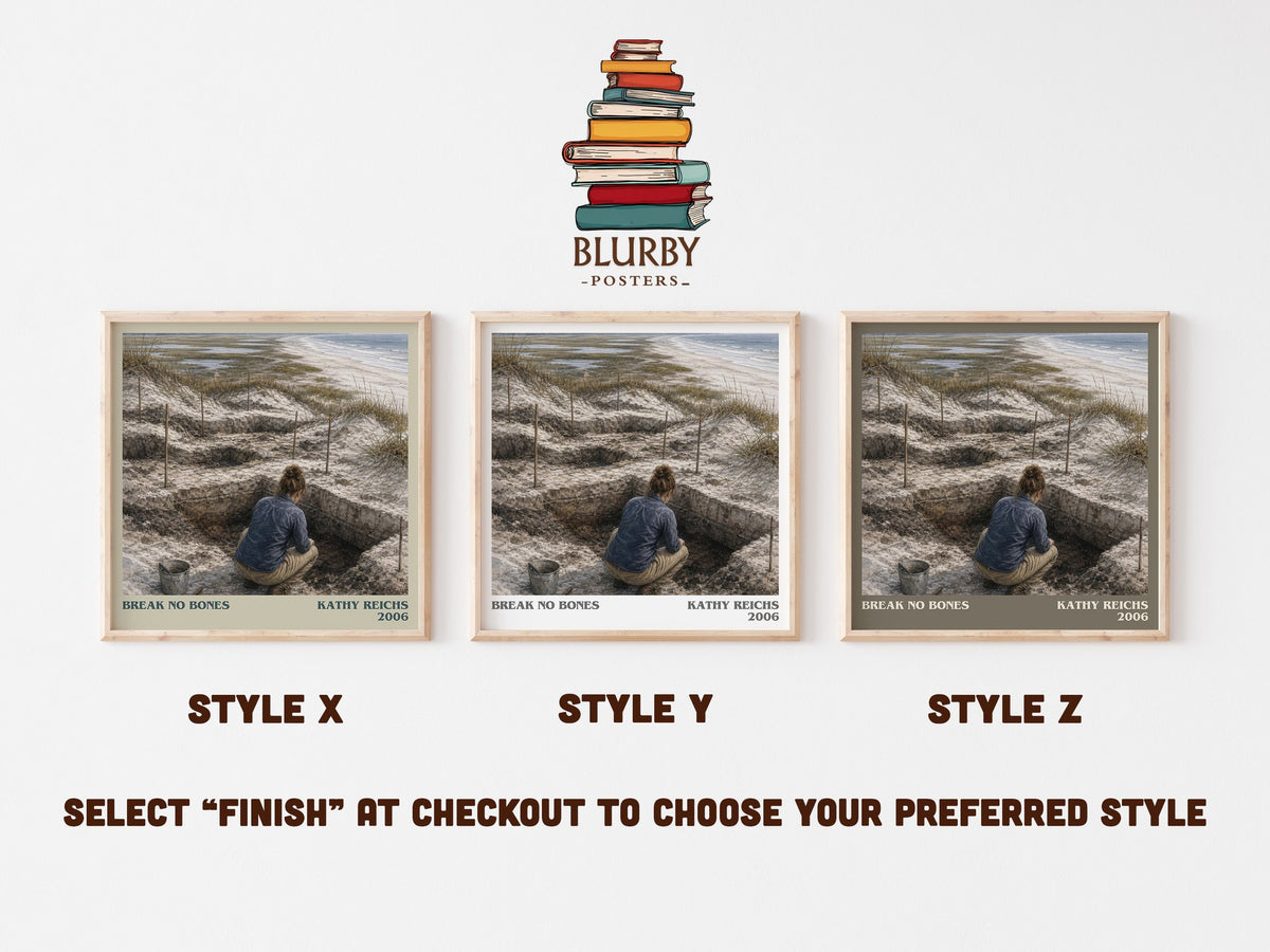 Break No Bones literary print in frame leaning in hallway – crime wall art (mockup)