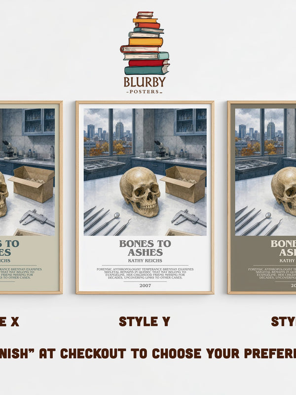 Bones to Ashes bookish print in frame leaning in hallway – crime wall art