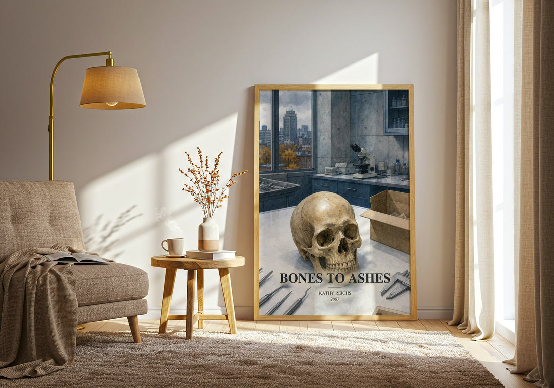 Bones to Ashes watercolour print in frame leaning in hallway – crime wall art (mockup)