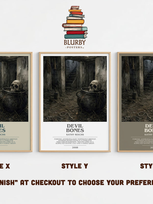 Devil Bones bookish print in frame leaning in hallway – crime wall art