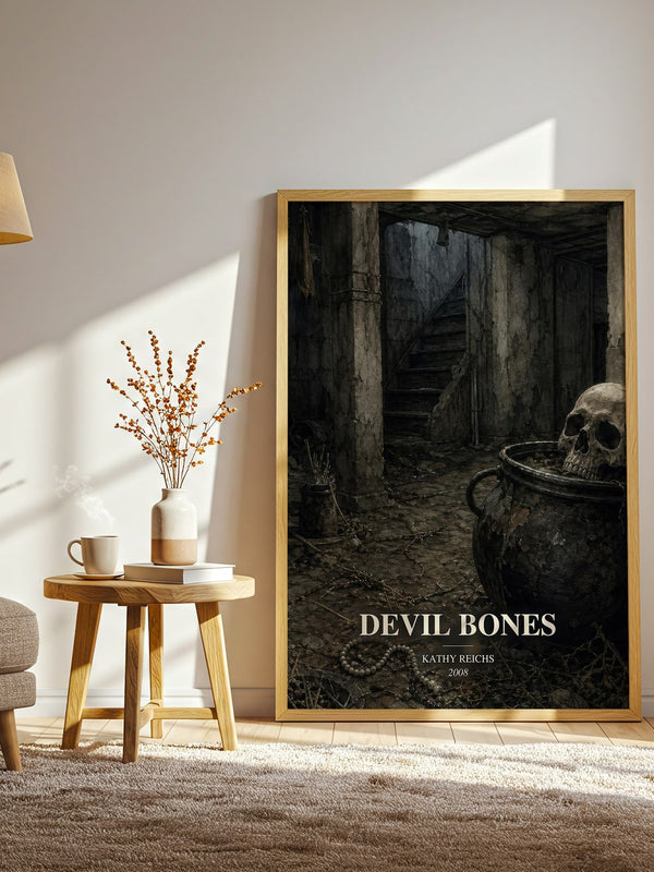 Devil Bones watercolour print in frame leaning in hallway – crime wall art