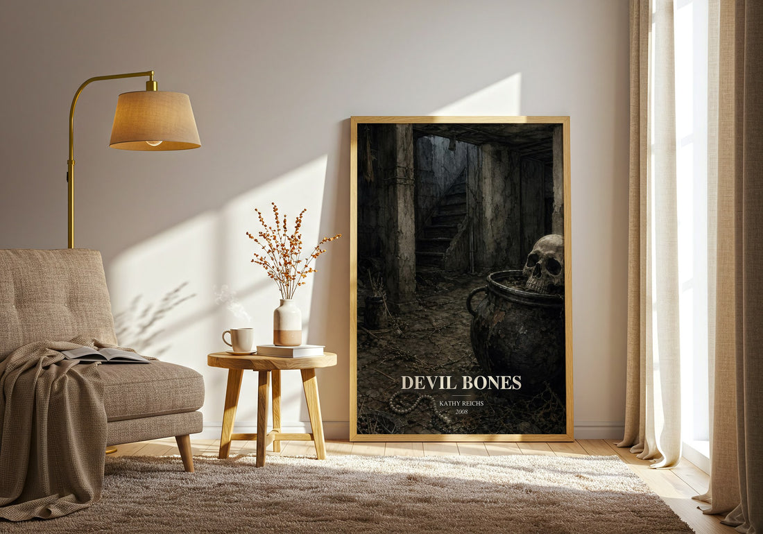 Devil Bones watercolour print in frame leaning in hallway – crime wall art (mockup)