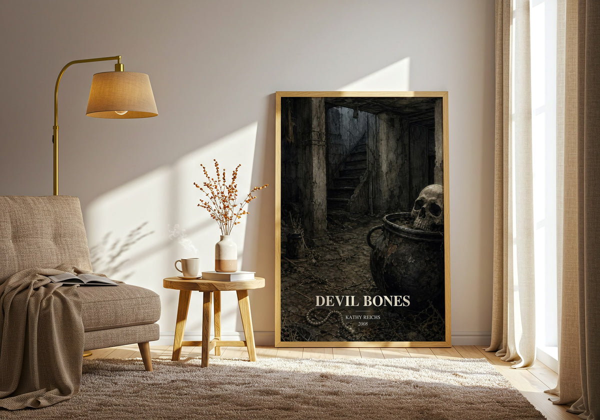 Devil Bones watercolour print in frame leaning in hallway – crime wall art (mockup)