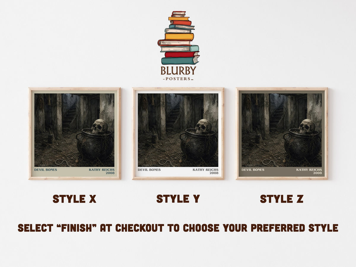 Devil Bones literary print in frame leaning in hallway – crime wall art (mockup)
