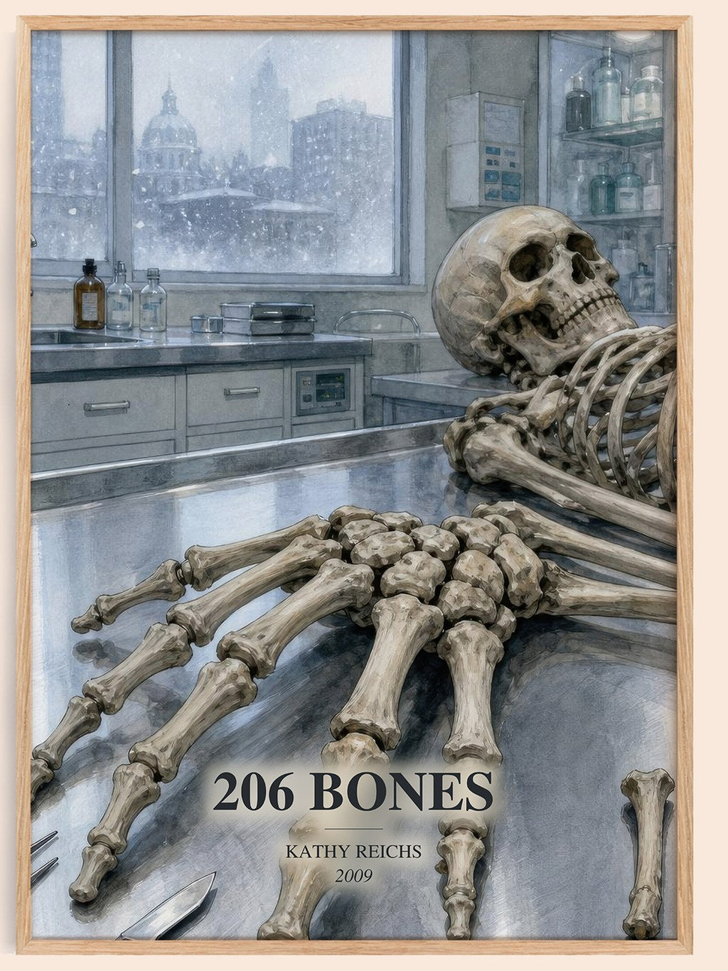 206 Bones watercolour book poster by Kathy Reichs – framed literary art print