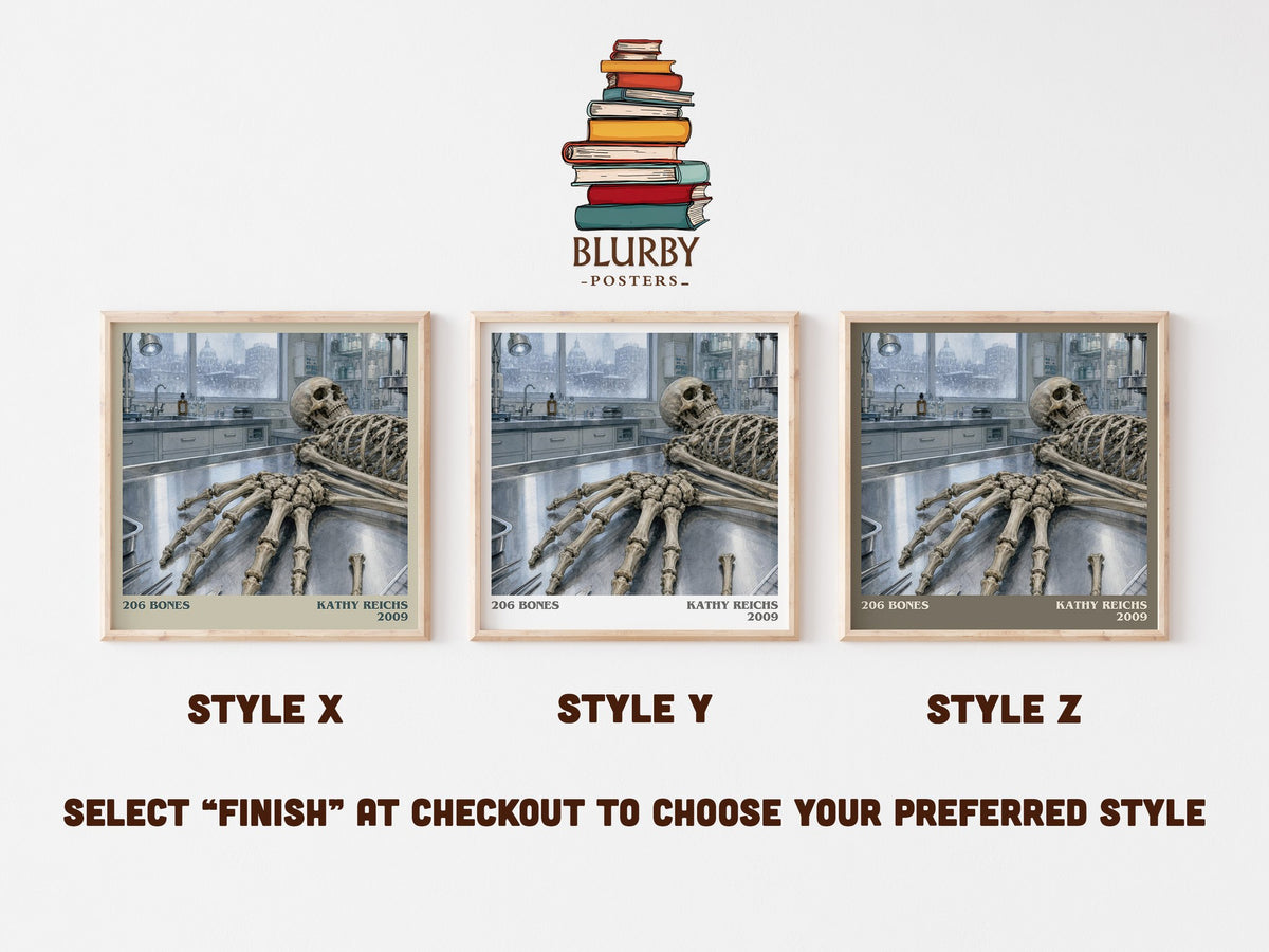 206 Bones literary print in frame leaning in hallway – crime wall art (mockup)