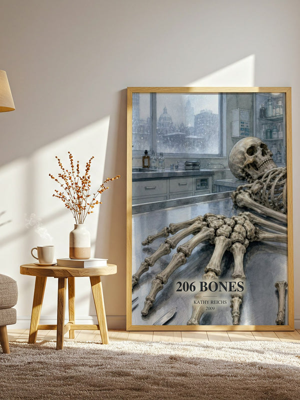 206 Bones watercolour print in frame leaning in hallway – crime wall art