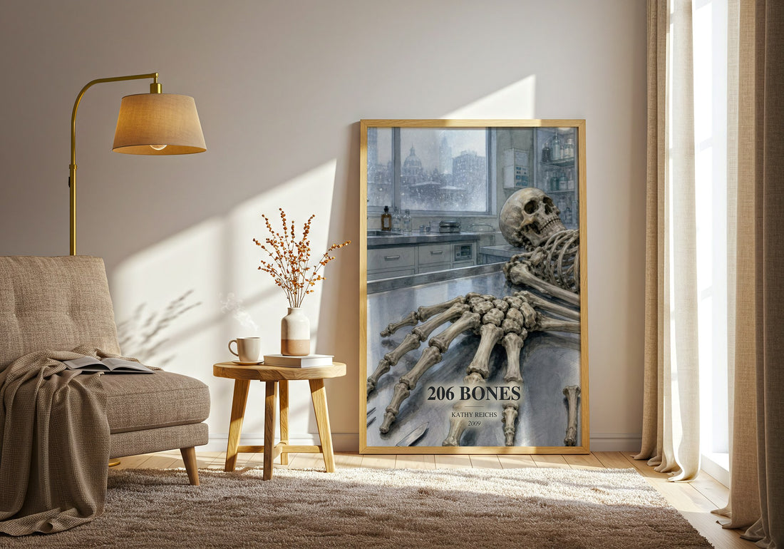 206 Bones watercolour print in frame leaning in hallway – crime wall art (mockup)