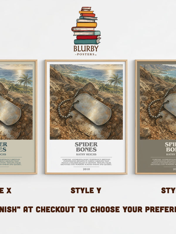 Spider Bones bookish print in frame leaning in hallway – crime wall art