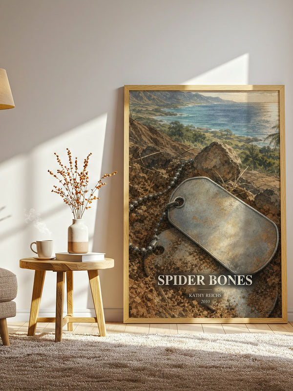 Spider Bones watercolour print in frame leaning in hallway – crime wall art