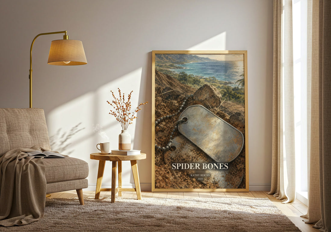 Spider Bones watercolour print in frame leaning in hallway – crime wall art (mockup)