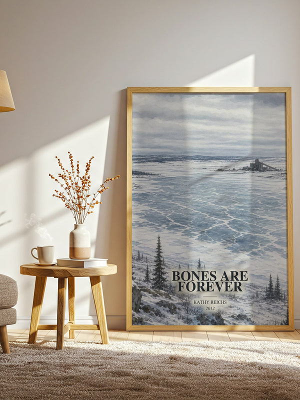 Bones Are Forever watercolour print in frame leaning in hallway – crime wall art